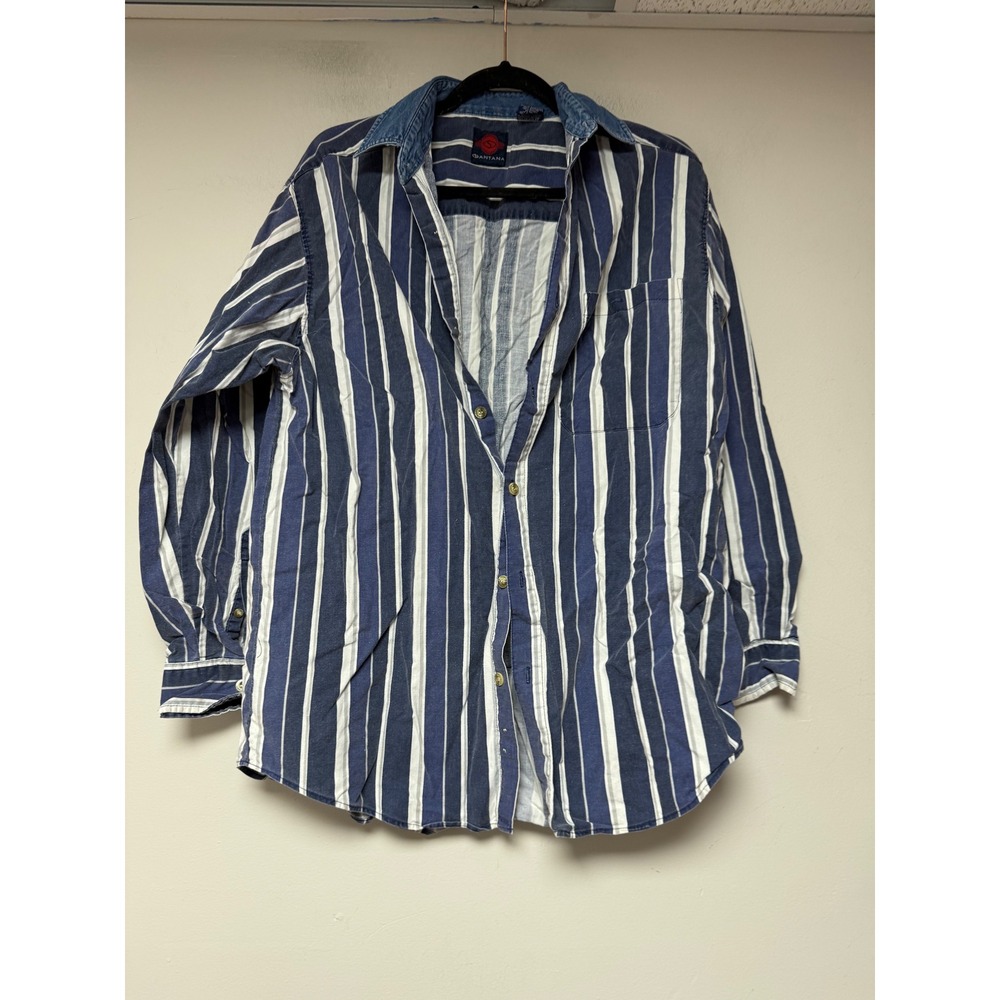 Santana Mens Button Down Shirt Blue White Vertical Stripe Denim Collar Medium